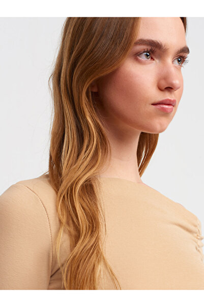 Dilvin 30770 Gathered Asymmetrical Top-Beige