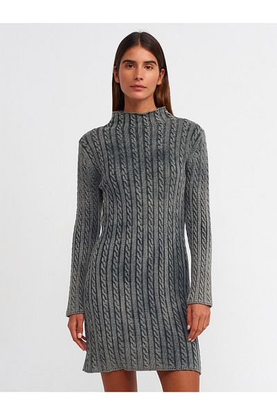 Dilvin 90167 Rochie tricotată împletită de păr cu guler cu efect palid-gri
