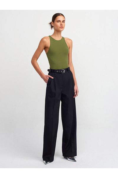 Dilvin 71272 Wide Leg Draped Trousers with Belt Bridge-Black