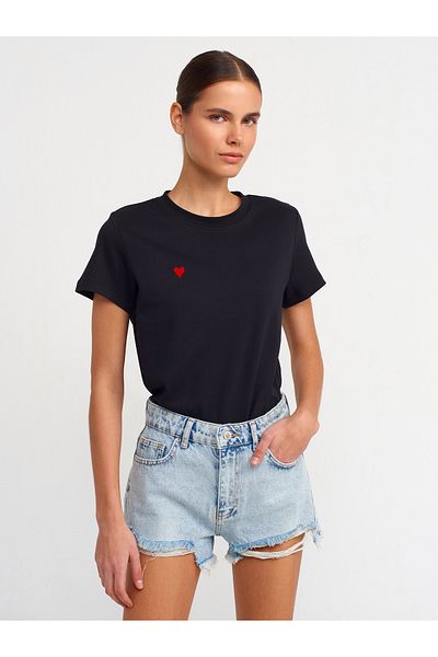 Dilvin 30584 Βαμβακερό μπλουζάκι Crew Neck-Μαύρο