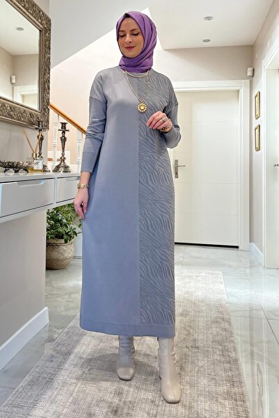 Rabia Şamlı Zebra Desen Triko Elbise Gri