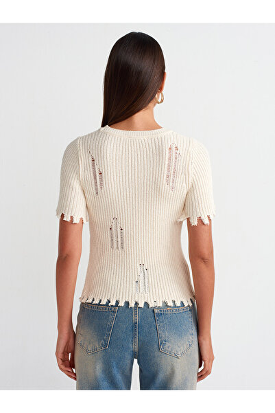 Dilvin 10555 Πλεκτό πουλόβερ με σχισμένο λαιμό ποδηλάτου-εκρού