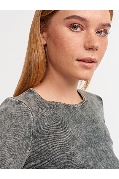 Dilvin 10510 Pale Effect Crew Neck Crop Sweater-Anthracite