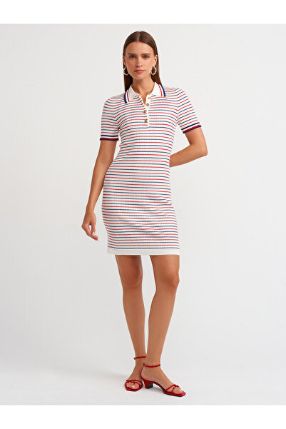 Dilvin 90218 Ecru Polo Collar Striped Knitwear Dress
