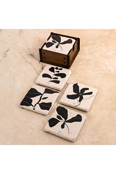Anadolia Natural Stone Travertine Wood - 4-Piece Coasters, Straining Flower Pattern
