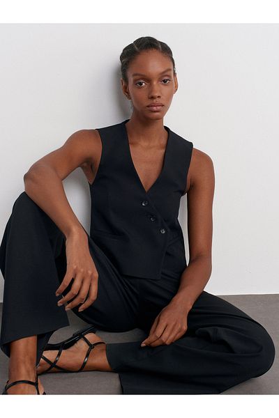 Dilvin 60554 Black Asymmetrical Double-breasted Vest