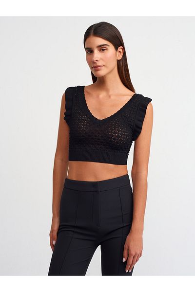 Dilvin 10546 V-Neck Frilly Knitwear Crop-black