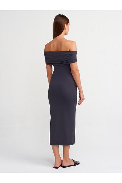 Dilvin 91109 Anthracite Midi Φόρεμα - Σχέδιο Off-the-Shoulder