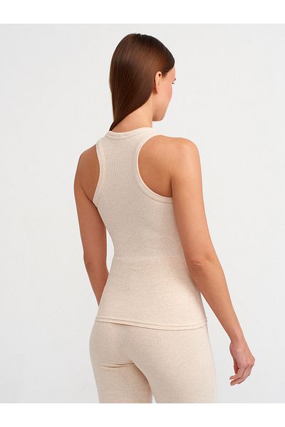 Dilvin 20853 Beige Melange Halter Collar Corded Tank Top