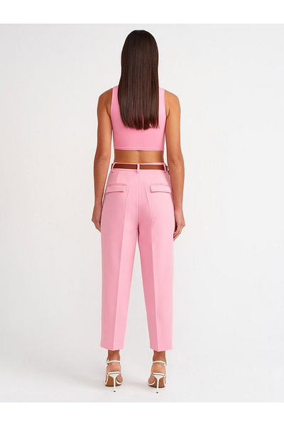Dilvin 71533 Belted Carrot Fit Trousers-Pink