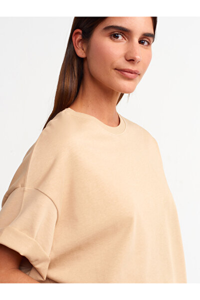 Dilvin 30310 Βαμβακερό μπλουζάκι Oversize-Μπεζ