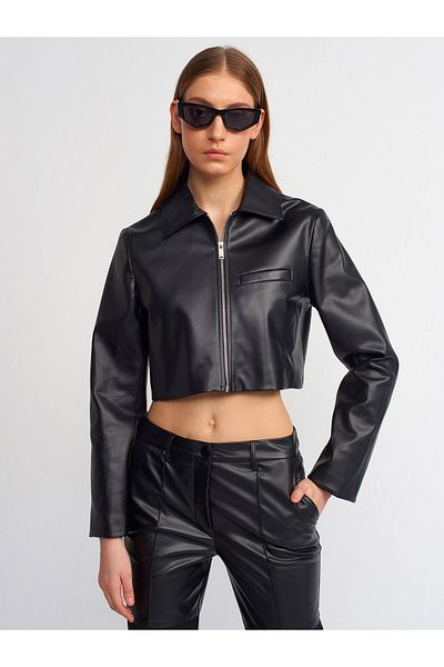 Dilvin 60723 Jachetă din piele artificială Crop-Negru
