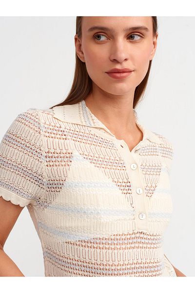 Dilvin 10590 Model Polo Decolteu Ajurat Tricotaj Bluza - Natural