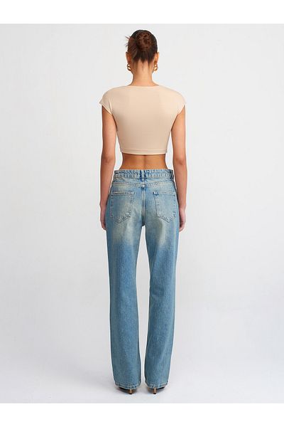 Dilvin 71418 - Pantaloni din denim cu talie joasă cu picioare largi - Nuanță