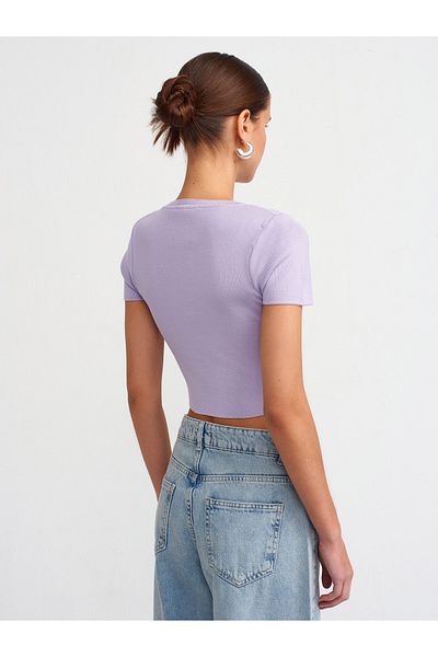 Dilvin 10357 Pulover crop cu maneci scurte cu decolteu-liliac