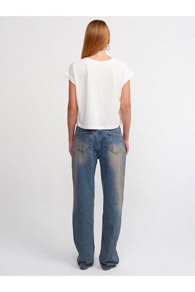 Dilvin 71413 Pantaloni largi din denim cu talie joasă-Tint