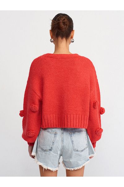 Dilvin 60216 Model V-neck Rose Embroidered Balloon Sleeve Knitwear Cardigan - Red