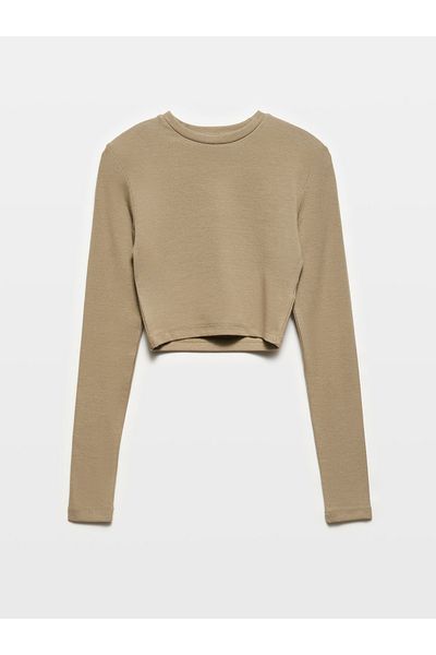 Dilvin 31236 Μακρυμάνικο Crop Top-Khaki