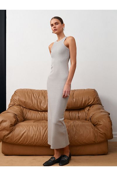 Dilvin 90805 Rochie midi cu efect de spălare-gri deschis