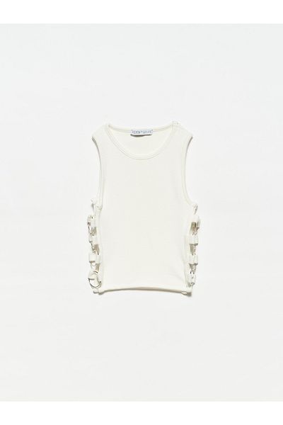 Dilvin Women's Ecru Ring Detailed Crop Top 20109