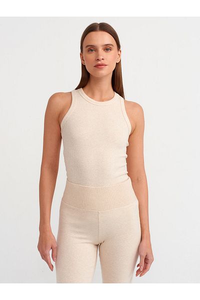 Dilvin 20853 Beige Melange Halter Collar Corded Tank Top