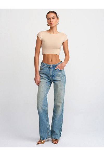Dilvin 71418 - Pantaloni din denim cu talie joasă cu picioare largi - Nuanță