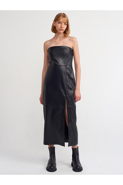 Dilvin 90801 Rochie din imitație de piele fără bretele-neagră