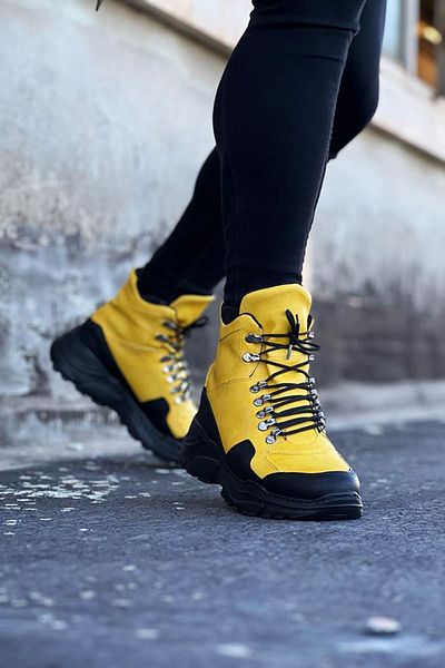 Benimpazar Yellow-Black Color Long Lace up Boots