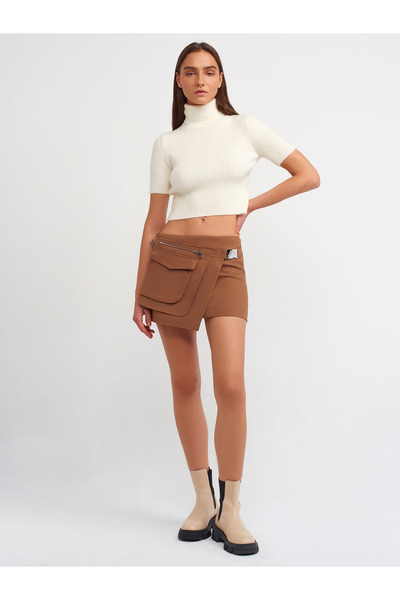 Dilvin 10487 Full Turtleneck Ribbed Short Sleeve Crop Sweater-ecru
