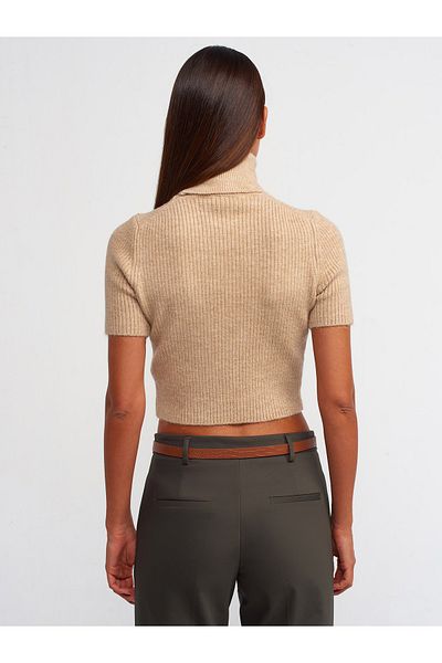 Dilvin 10487 Pulover crop cu mânecă scurtă cu nervuri cu gât complet-bej