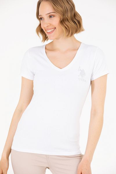 U.S. Polo Assn. Tricou alb de bază cu decolteu în V pentru femei 50263976-VR013