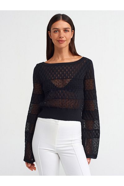Dilvin Model 10587 - Pulover Crop Negru cu Gât Barcă