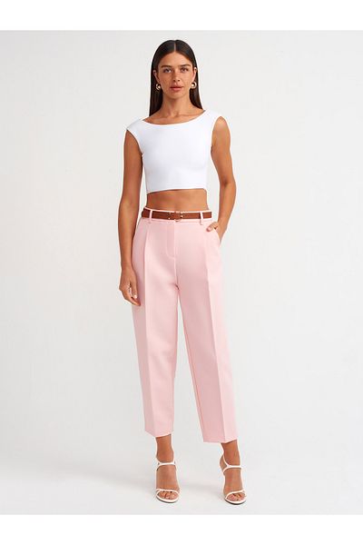 Dilvin 71533 Belted Carrot Fit Trousers-Powder