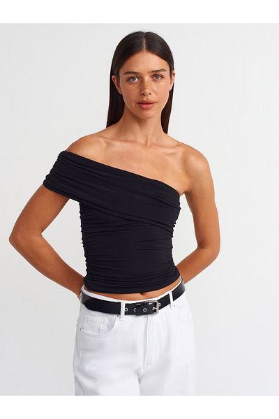 Dilvin 31090 Black Asymmetrical Blouse