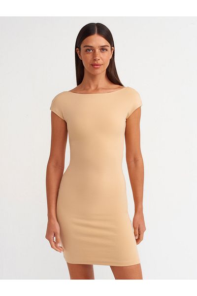 Dilvin 90054 Beige Mini Dress - Back Low-cut Detail