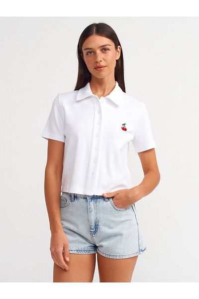 Dilvin 31006 Μοντέλο - Λευκό T-Shirt με κεντημένο γιακά πόλο