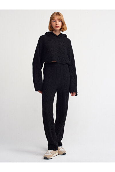 Dilvin 10459 Kapşonlu Kimono Kol Saç Örgü Crop Kazak-siyah