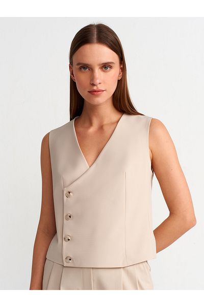 Dilvin 60543 Asymmetric Double Breasted Vest-Stone