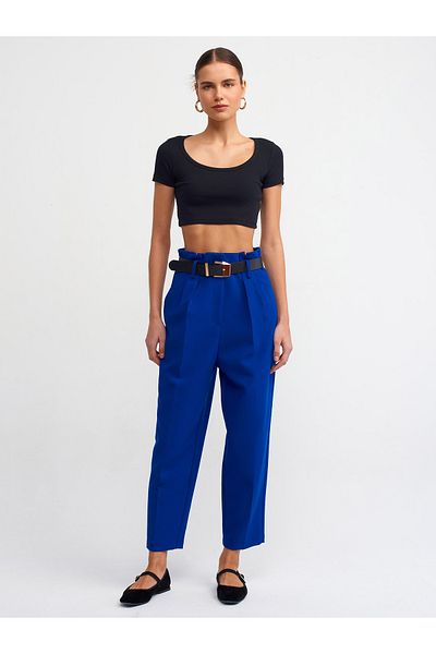 Dilvin 71242 Belted High Waist Trousers-Sax