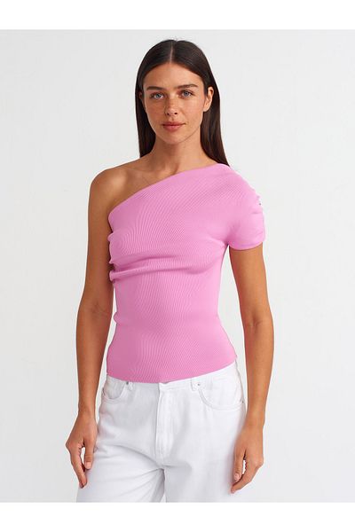 Dilvin 10597 Pink Asymmetrical Draped Knitwear Blouse