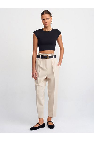 Dilvin 71242 Belted High Waist Trousers-Stone