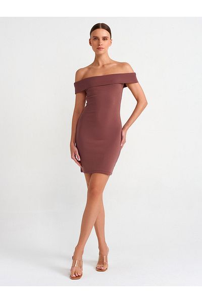 Dilvin 91102 Μίνι Φόρεμα Off Shoulder-Καφέ