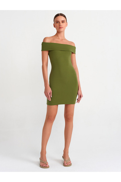 Dilvin 91102 Off the Shoulders Mini Dress-khaki