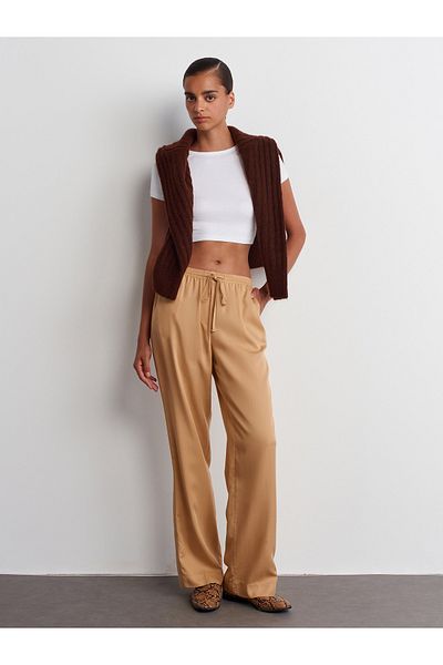 Dilvin 71536 Model - Light Camel Waist Tied Draped Trousers