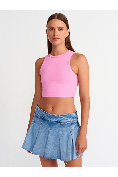 Dilvin 20820 Pink Stitching Effect Crop Top