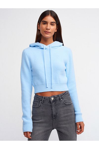 Dilvin 10486 Pulover crop cu glugă cu textura moale-albastru