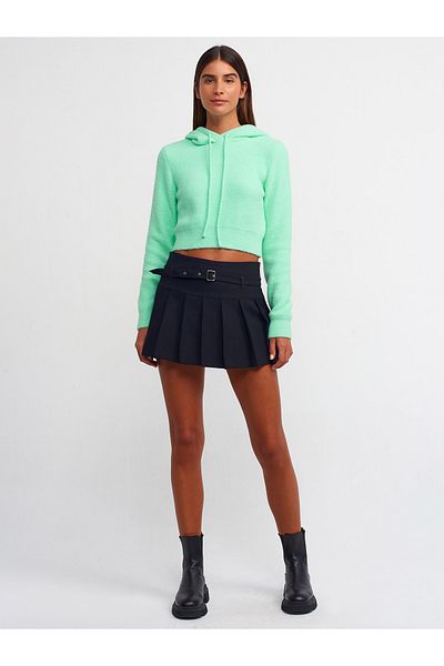 Dilvin 10486 Pulover crop cu glugă cu textura moale-Cyan