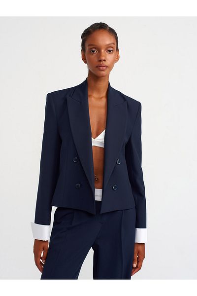 Dilvin 60740 Model Contra Colored Cuffed Blazer Jacket - Navy Blue