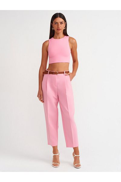 Dilvin 71533 Belted Carrot Fit Trousers-Pink
