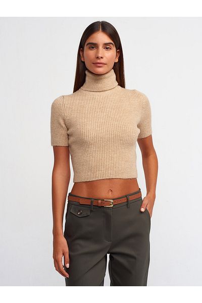 Dilvin 10487 Pulover crop cu mânecă scurtă cu nervuri cu gât complet-bej